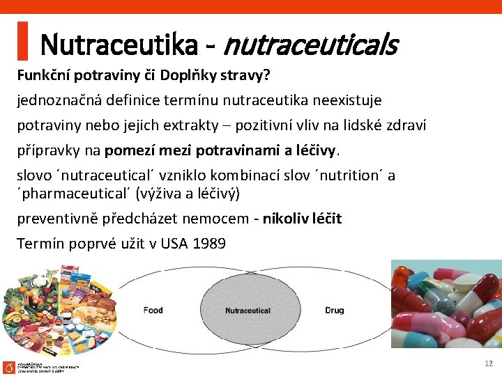 Nutraceutika - nutraceuticals Funkční potraviny či Doplňky stravy? jednoznačná definice termínu nutraceutika neexistuje potraviny