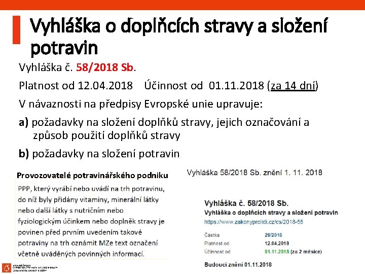 Vyhláška o doplňcích stravy a složení potravin Vyhláška č. 58/2018 Sb. Platnost od 12.