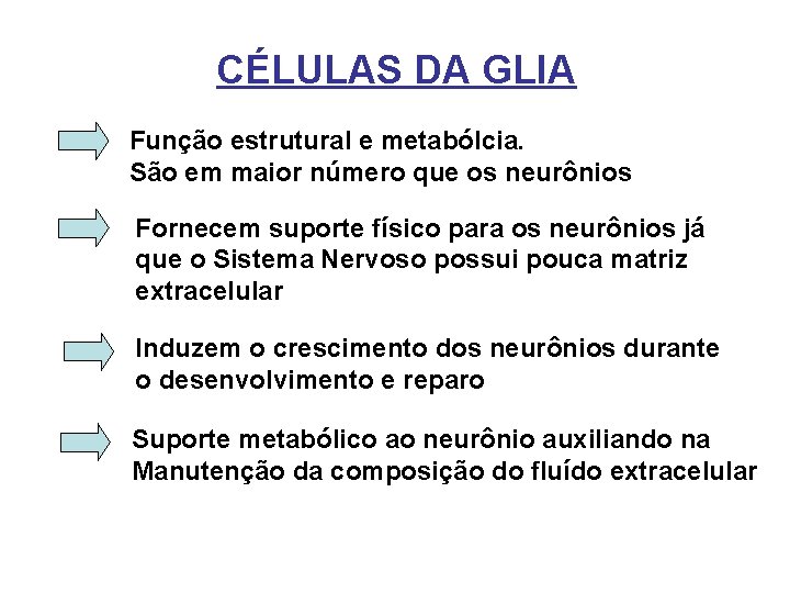 CÉLULAS DA GLIA Função estrutural e metabólcia. São em maior número que os neurônios