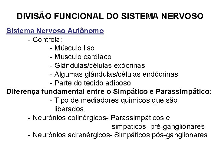 DIVISÃO FUNCIONAL DO SISTEMA NERVOSO Sistema Nervoso Autônomo - Controla: - Músculo liso -