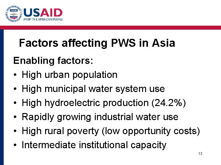 Factors affecting PWS in Asia Enabling factors: • High urban population • High municipal