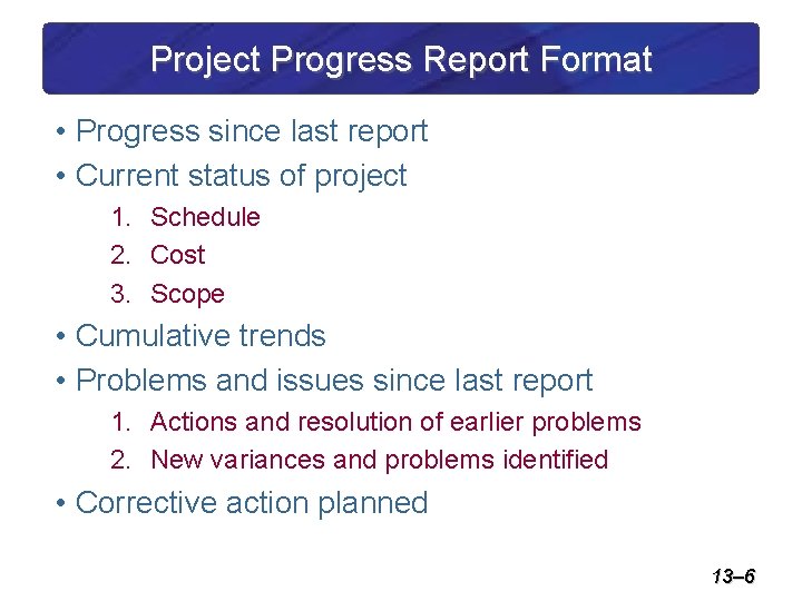 Project Progress Report Format • Progress since last report • Current status of project