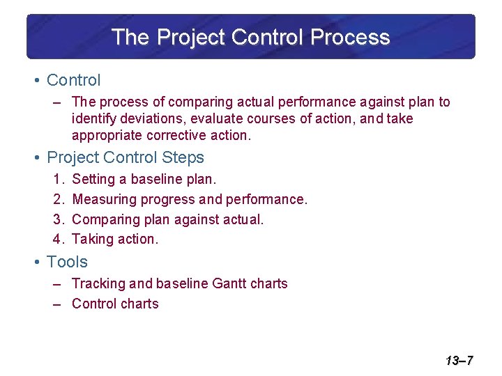 The Project Control Process • Control – The process of comparing actual performance against