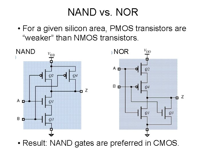 NAND vs. NOR • For a given silicon area, PMOS transistors are “weaker” than