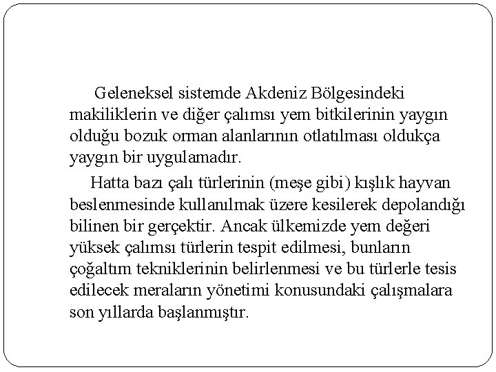 Geleneksel sistemde Akdeniz Bölgesindeki makiliklerin ve diğer çalımsı yem bitkilerinin yaygın olduğu bozuk orman Geleneksel sistemde Akdeniz Bölgesindeki makiliklerin ve diğer çalımsı yem bitkilerinin yaygın olduğu bozuk orman