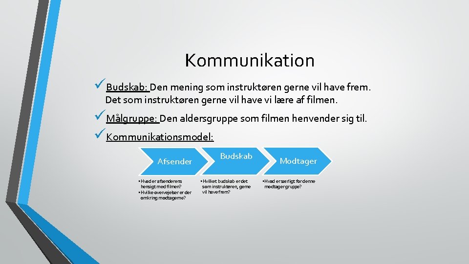 Kommunikation üBudskab: Den mening som instruktøren gerne vil have frem. Det som instruktøren gerne