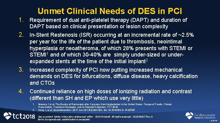Unmet Clinical Needs of DES in PCI 1. Requirement of dual anti-platelet therapy (DAPT)