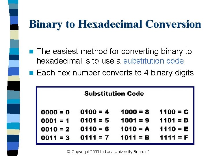 Binary to Hexadecimal Conversion The easiest method for converting binary to hexadecimal is to
