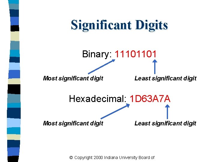 Significant Digits Binary: 11101101 Most significant digit Least significant digit Hexadecimal: 1 D 63