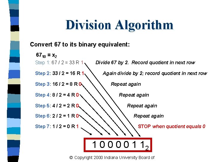 Division Algorithm Convert 67 to its binary equivalent: 6710 = x 2 Step 1: