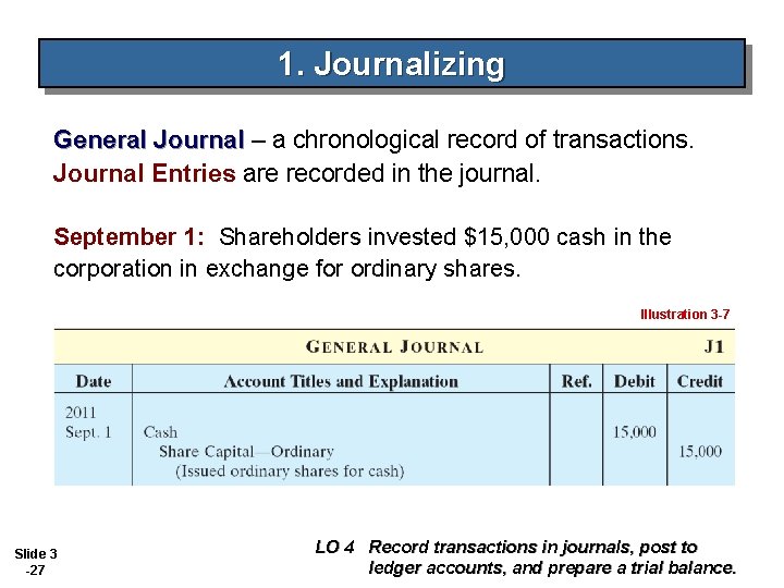 1. Journalizing General Journal – a chronological record of transactions. Journal Entries are recorded