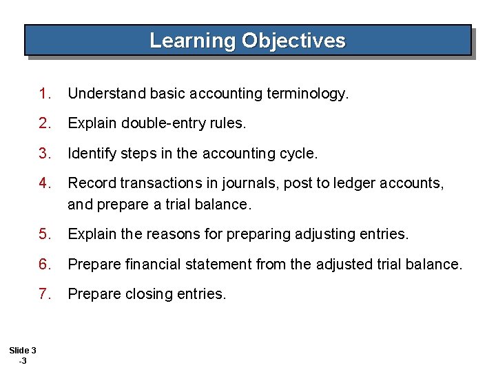 Learning Objectives Slide 3 -3 1. Understand basic accounting terminology. 2. Explain double-entry rules.