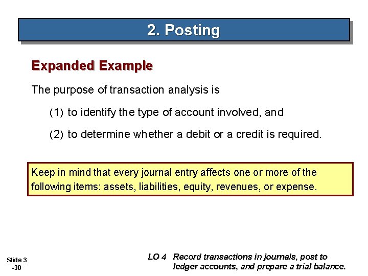 2. Posting Expanded Example The purpose of transaction analysis is (1) to identify the
