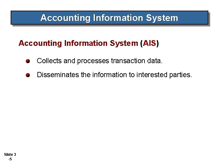 Accounting Information System (AIS) Collects and processes transaction data. Disseminates the information to interested