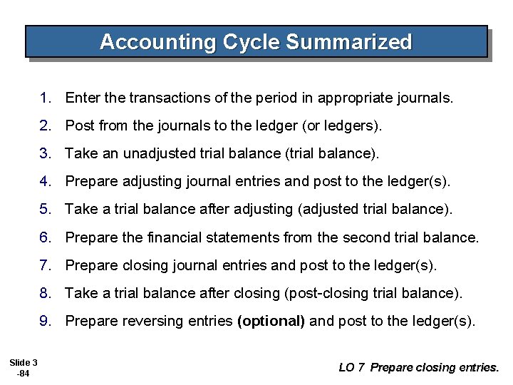 Accounting Cycle Summarized 1. Enter the transactions of the period in appropriate journals. 2.