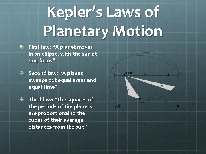 Kepler’s Laws of Planetary Motion First law: “A planet moves in an ellipse, with