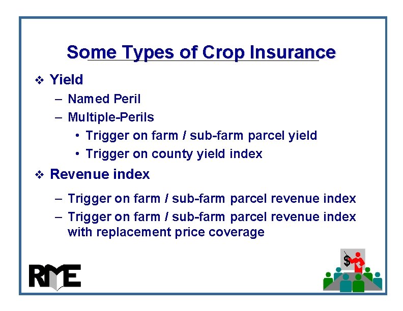 Some Types of Crop Insurance v Yield – Named Peril – Multiple-Perils • Trigger Some Types of Crop Insurance v Yield – Named Peril – Multiple-Perils • Trigger