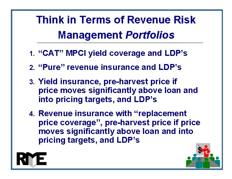 Think in Terms of Revenue Risk Management Portfolios 1. “CAT” MPCI yield coverage and Think in Terms of Revenue Risk Management Portfolios 1. “CAT” MPCI yield coverage and