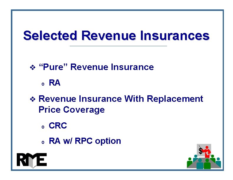 Selected Revenue Insurances v “Pure” o Revenue Insurance RA v Revenue Insurance With Replacement Selected Revenue Insurances v “Pure” o Revenue Insurance RA v Revenue Insurance With Replacement