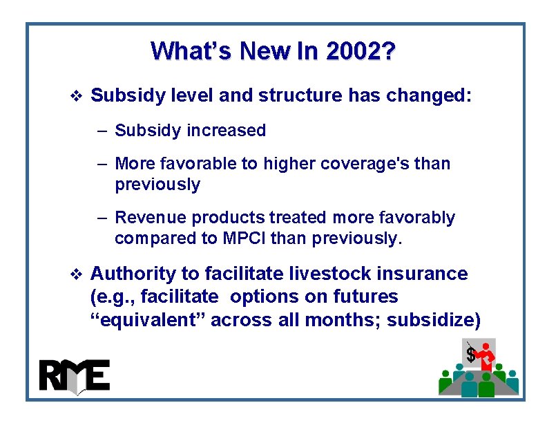 What’s New In 2002? v Subsidy level and structure has changed: – Subsidy increased What’s New In 2002? v Subsidy level and structure has changed: – Subsidy increased