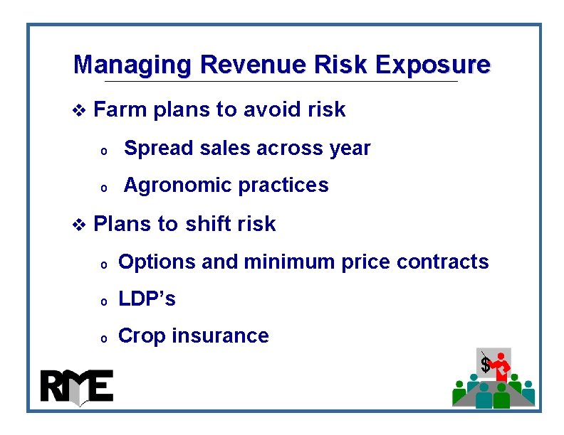 Managing Revenue Risk Exposure v Farm plans to avoid risk o Spread sales across Managing Revenue Risk Exposure v Farm plans to avoid risk o Spread sales across