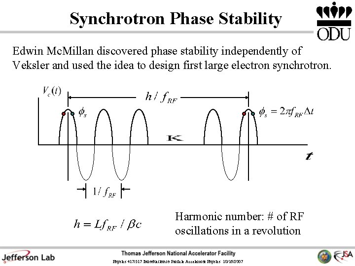 Synchrotron Phase Stability Edwin Mc. Millan discovered phase stability independently of Veksler and used