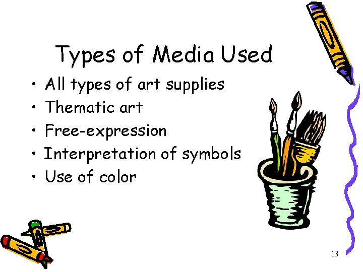 Types of Media Used • • • All types of art supplies Thematic art