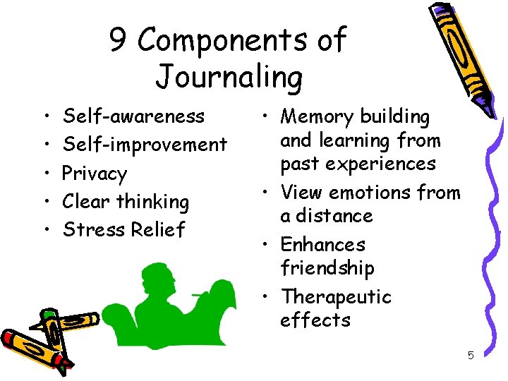 9 Components of Journaling • • • Self-awareness Self-improvement Privacy Clear thinking Stress Relief