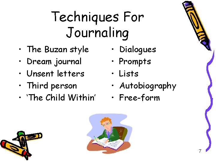 Techniques For Journaling • • • The Buzan style Dream journal Unsent letters Third