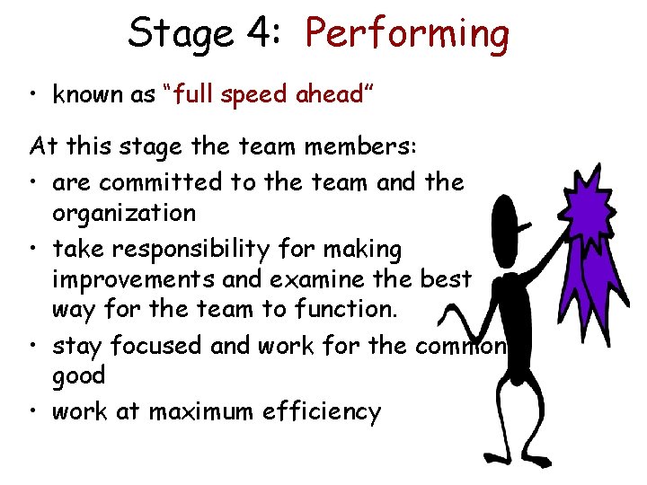Stage 4: Performing • known as “full speed ahead” At this stage the team