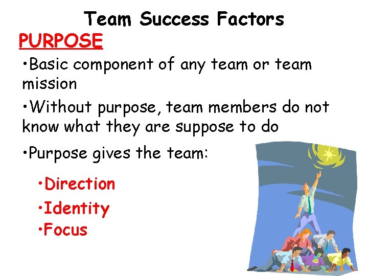Team Success Factors PURPOSE • Basic component of any team or team mission •