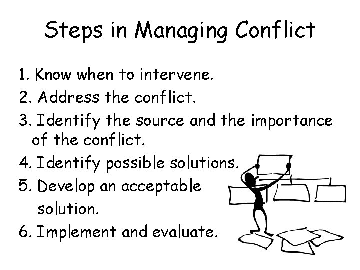 Steps in Managing Conflict 1. Know when to intervene. 2. Address the conflict. 3.
