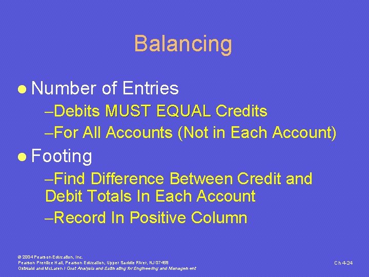 Balancing l Number of Entries -Debits MUST EQUAL Credits MUST EQUAL -For All Accounts Balancing l Number of Entries -Debits MUST EQUAL Credits MUST EQUAL -For All Accounts