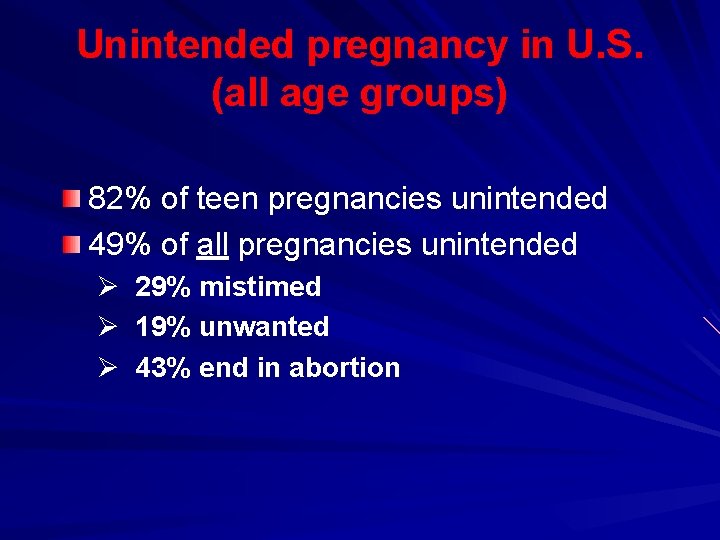 Unintended pregnancy in U. S. (all age groups) 82% of teen pregnancies unintended 49%