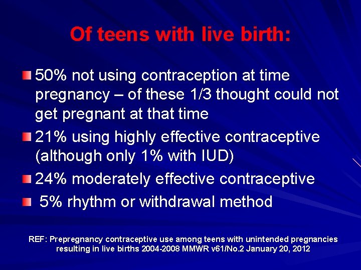 Of teens with live birth: 50% not using contraception at time pregnancy – of