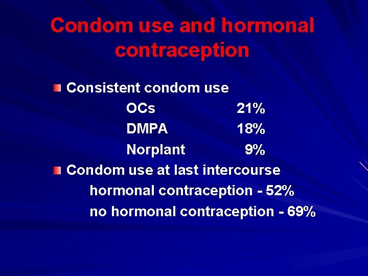 Condom use and hormonal contraception Consistent condom use OCs 21% DMPA 18% Norplant 9%