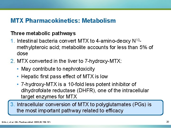 MTX Pharmacokinetics: Metabolism Three metabolic pathways 1. Intestinal bacteria convert MTX to 4 -amino-deoxy