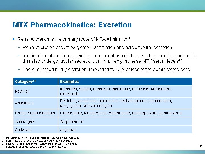 MTX Pharmacokinetics: Excretion § Renal excretion is the primary route of MTX elimination 1