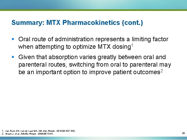 Summary: MTX Pharmacokinetics (cont. ) § Oral route of administration represents a limiting factor