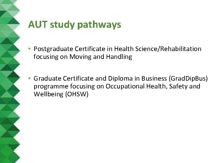 AUT study pathways • Postgraduate Certificate in Health Science/Rehabilitation focusing on Moving and Handling