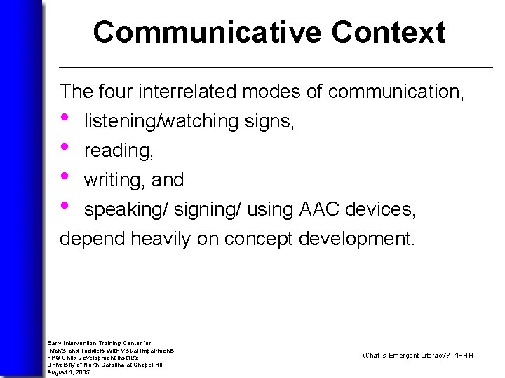 Communicative Context The four interrelated modes of communication, • • listening/watching signs, reading, writing,