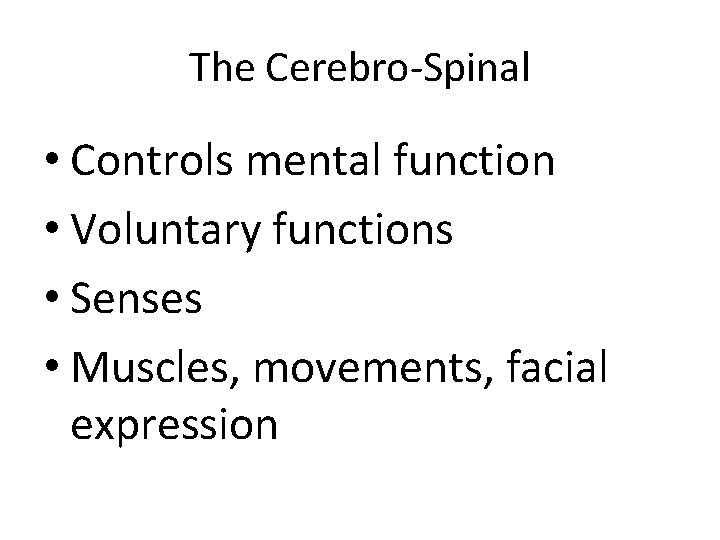 The Cerebro-Spinal • Controls mental function • Voluntary functions • Senses • Muscles, movements,
