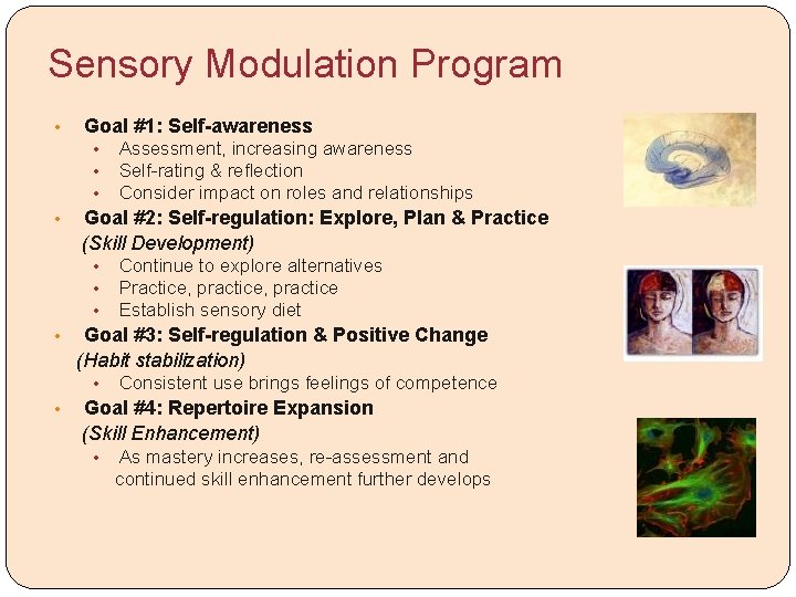 Sensory Modulation Program • Goal #1: Self-awareness • • Goal #2: Self-regulation: Explore, Plan