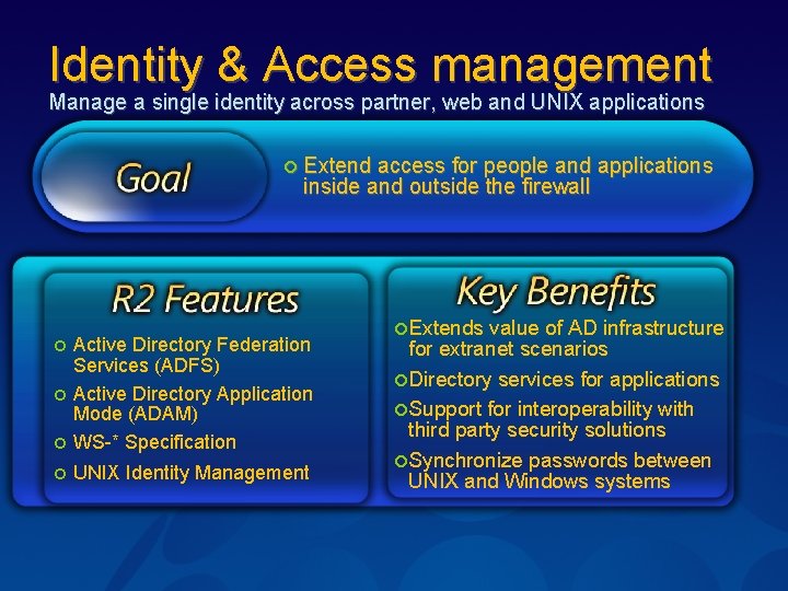 Identity & Access management Manage a single identity across partner, web and UNIX applications