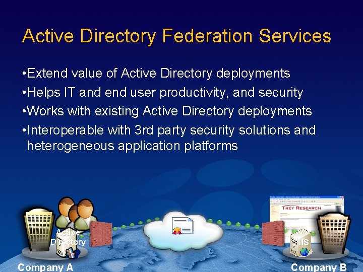 Active Directory Federation Services • Extend value of Active Directory deployments • Helps IT