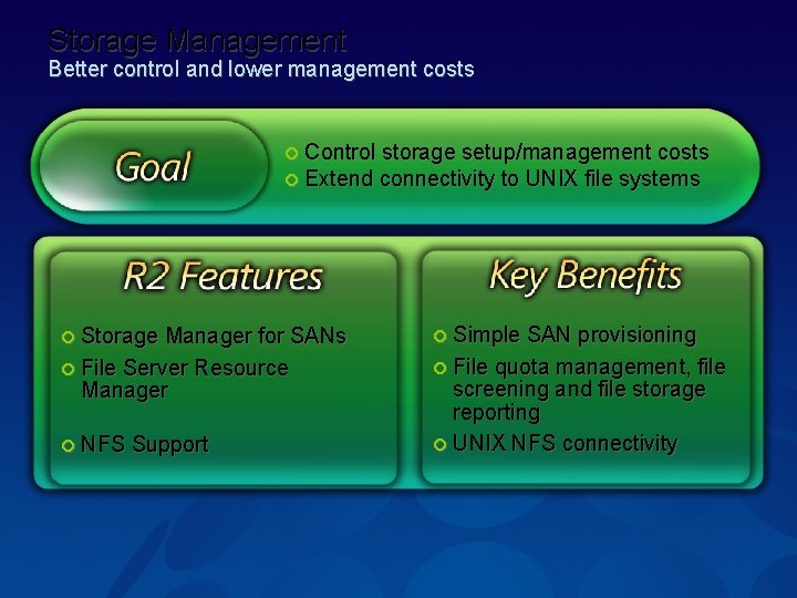 Storage Management Better control and lower management costs ¢ Control storage setup/management costs ¢