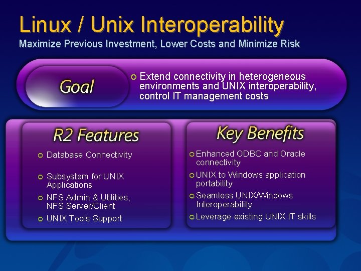 Linux / Unix Interoperability Maximize Previous Investment, Lower Costs and Minimize Risk ¢ Extend