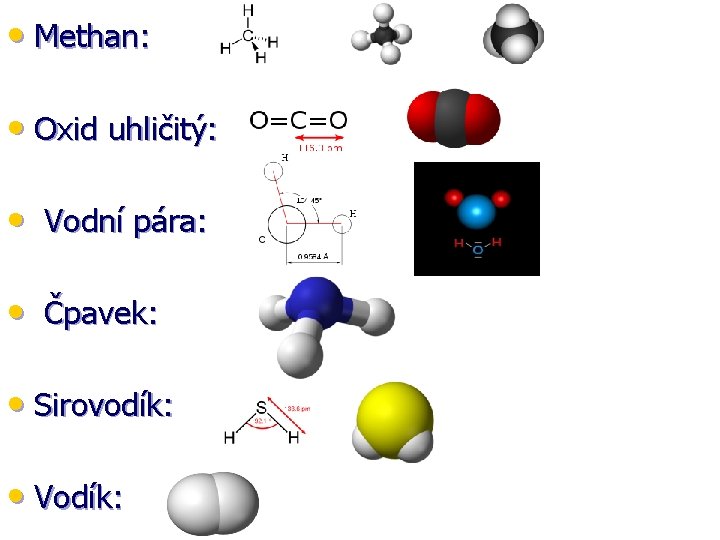  • Methan: • Oxid uhličitý: • Vodní pára: • Čpavek: • Sirovodík: •