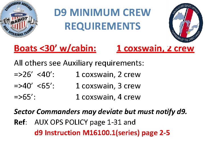 D 9 MINIMUM CREW REQUIREMENTS Boats <30’ w/cabin: 1 coxswain, 2 crew All others