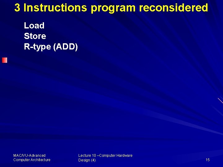 3 Instructions program reconsidered Load Store R-type (ADD) MAC/VU-Advanced Computer Architecture Lecture 10 –Computer